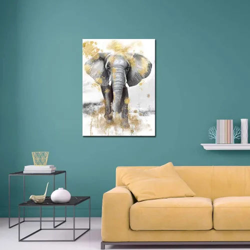 Vista 2 de sechars Cuadro moderno de animales para pared, pintura de elefante dorado y gris, impresiones en lienzo, arte contemporáneo para sala de estar
