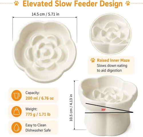 Vista 2 de Cuencos de alimentación para mascotas, cuenco elevado de cerámica para perros, cuenco elevado inclinado en 10° con diseño de flores, base Blanco