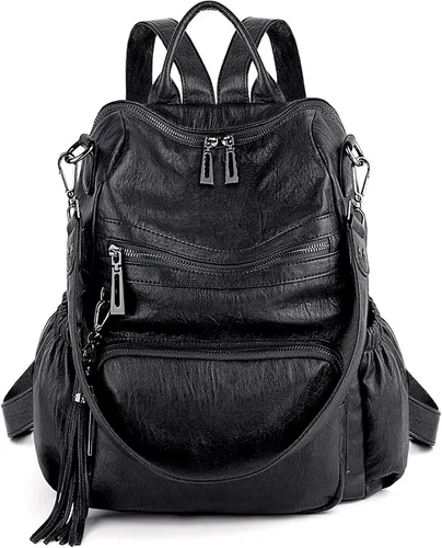 Vista 6 de UTO Mochila de piel vegana para mujer, diseño de moda, convertible, bolsa de hombro con borla, Mochilas tipo mochila