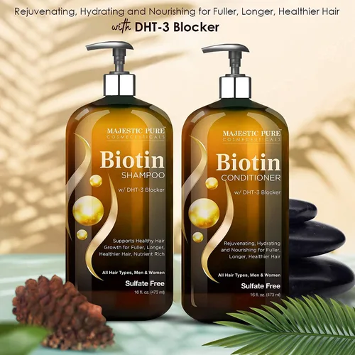 Vista 2 de Majestic Pure Biotina con DHT Blocker Complex Champú y Acondicionador Set (16 oz cada uno) y Acondicionador de Biotina (16 oz) Bundle