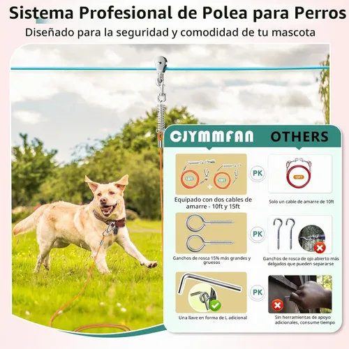 Vista 4 de Sistema de Trolley Profesional para Perros Corredores, Línea de Zip Resistente y Ajustable de 30 pies para Perros con Amarres de 10 y 15 pies