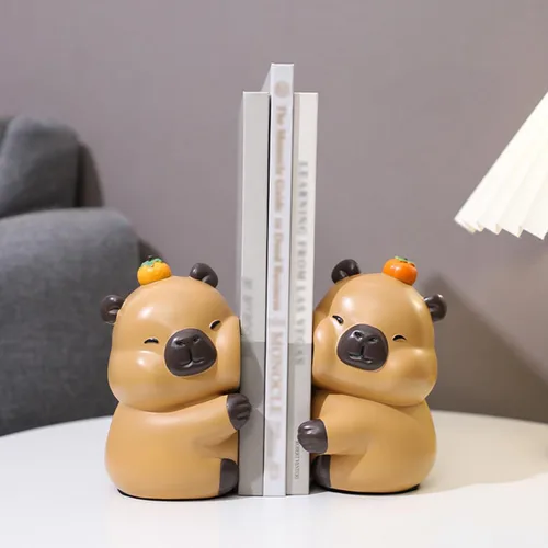 Vista 3 de Lindos sujetalibros decorativos de capibara que se abrazan, extremos únicos de libros con temática animal para sostener libros, soporte creativo