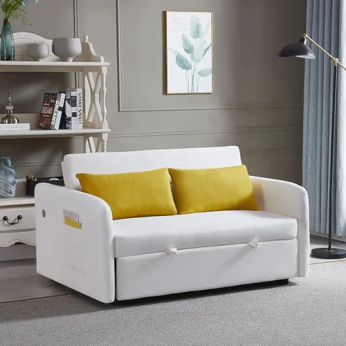 Vista 4 de Sofá cama convertible de terciopelo con respaldo ajustable y enchufe USB, sofá cama extraíble multiposición tamaño individual con 2 almohadas