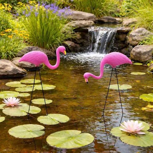 Vista 6 de GiftExpress Decoraciones de patio de flamencos rosados, paquete de 2 estatuas pequeñas de plástico de 14 pulgadas de alto con estacas de metal