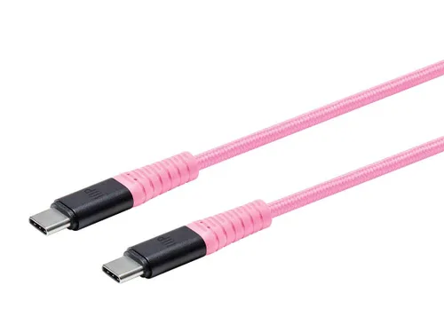 Vista 2 de Monoprice Durable USB 2.0 Tipo-C Carga y Sincronización Kevlar reforzado Nylon Braid Cable - 3 pies - Rosa, 5A/100W, conectores de aluminio de alta