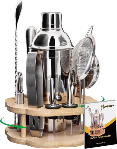 Vista 11 de Juego de coctelera para barman con soporte giratorio de bambú, juego de 11 piezas de accesorios de bar de acero inoxidable para mezclar bebidas