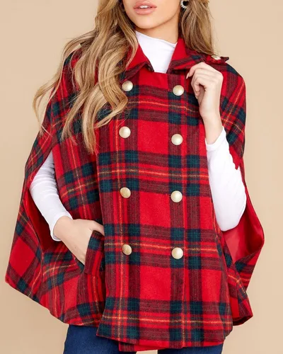 Vista 4 de MISUMALLS Poncho a cuadros para mujer, cuello abatible, doble botonadura con botones y bolsillos