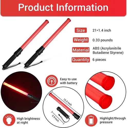 Vista 2 de TOODOO 6 varitas de control de tráfico de señal de 21 pulgadas, bastón de tráfico LED multifunción con 2 patrones intermitentes, cordón para correa