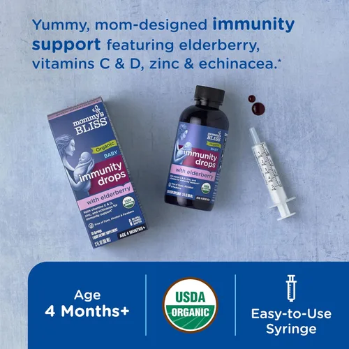 Vista 2 de Mommy's Bliss Gotas de saúco orgánico para bebé, apoyo inmunológico con vitaminas, prebióticos, zinc y equinácea orgánica, para niños mayores de 4