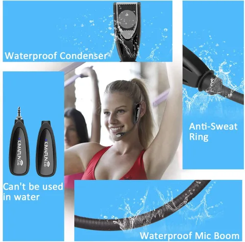Vista 6 de KIMAFUN - Sistema de micrófono inalámbrico con auriculares, sin necesidad de Bluetooth, micrófono de cabeza impermeable para instructor de fitness