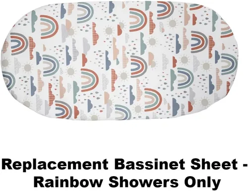 Vista 3 de F-Price - Hoja de repuesto para moisés Fisher-Price Soothing View - GPN07 ~ Sábana de repuesto para moisés ~ Rainbow Showers, melocotón, blanco. Azul