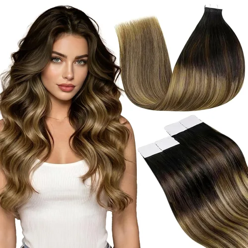 Vista 30 de LaaVoo Extensiones adhesivas de cabello humano real, color negro azabache, extensiones de cabello humano liso y sedoso, 10 pulgadas, 20