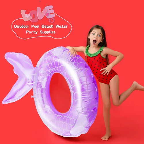 Vista 3 de 6 piezas de anillo inflable de natación para niños y niñas, flotador inflable de sirena para niños y niñas, suministros de fiesta de natación, 3