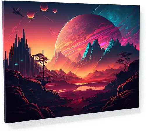 Vista 24 de Sense Canvas Synthwave Astronaut Planet 4 - Lienzo decorativo para decoración del hogar, póster pequeño de 16 x 12 pulgadas / 0.75 pulgadas