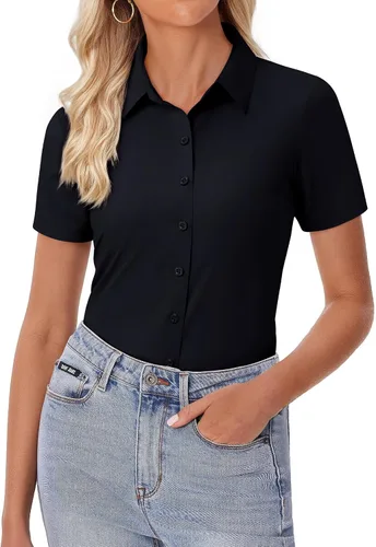 Vista 19 de siliteelon Camisa de vestir con botones para mujer, ajustada, elástica, de manga corta, sin arrugas, sólida, formal, para el trabajo
