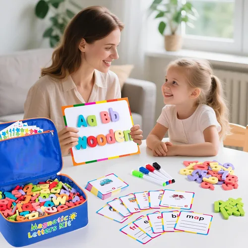 Vista 4 de Kit de letras magnéticas del alfabeto Sundaymot, 310 piezas con tablero magnético y bolsa organizadora, letras de madera mayúsculas y minúsculas
