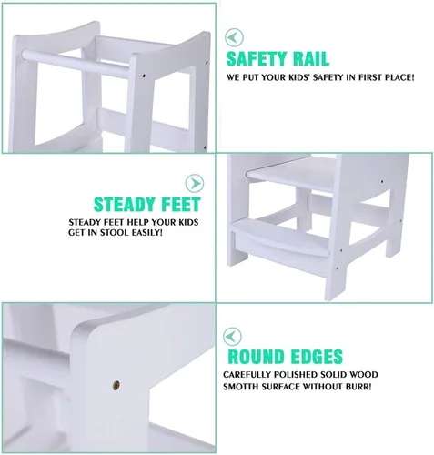 Vista 8 de EGREE Taburete de cocina para niños pequeños con baranda de seguridad, torre de pie de madera para niños para encimera de cocina y lavabo del baño