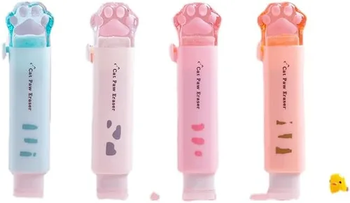Vista 2 de 4 piezas de borradores retráctiles en forma de pata de gato Kawaii Cutecore Push-Pull de goma para estudiantes, suministros escolares estéticos