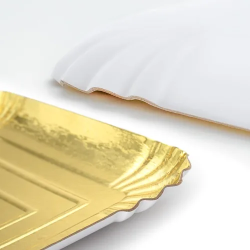 Vista 6 de 10 piezas de bandejas rectangulares doradas, de papel de cartón desechable resistente para platos, para elegante mesa de postres, exhibición