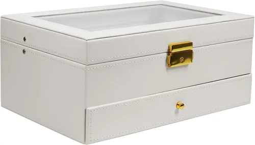 Vista 3 de Ogrmar Cajas de almacenamiento de reloj de piel sintética con cerradura de 12 ranuras, para hombres y mujeres, estuche organizador de 2 niveles
