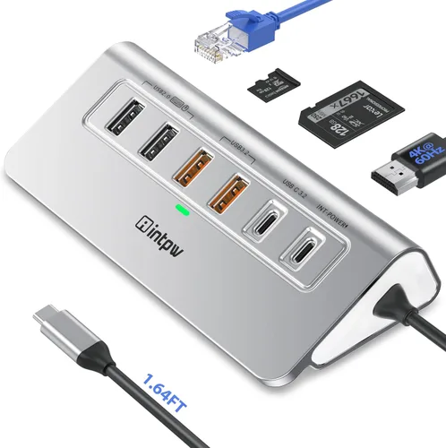 Vista 10 de intpw P9R PRO USB C Hub Ethernet, Estación de acoplamiento USB C de 10Gbps 10-en-1 con HDMI 4K@60Hz, Tipo-C y 2 USB A 3.2 Datos, LAN, 2 USB A 2.0