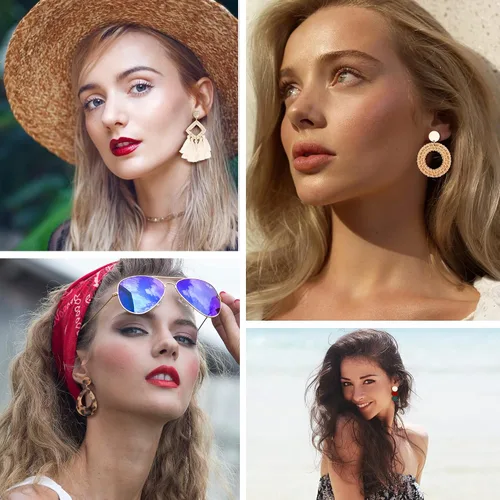Vista 2 de Jstyle Juego de 9 pares de aretes de clip para mujer, diseño bohemio, resina de ratán acrílico, borla de gota, aretes de clip geométricos, ligeros
