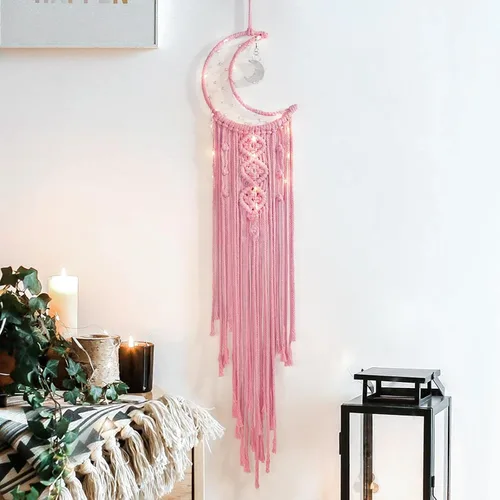 Vista 12 de Atrapasueños de luna de macramé para niña, atrapasueños de media luna azul estilo bohemio para dormitorio de adultos, adorno hecho a mano