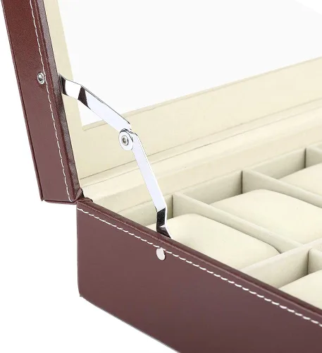 Vista 4 de Organizador de exhibición de relojes, caja grande de 24 ranuras para reloj con tapa acrílica, piel sintética marrón