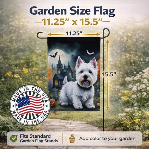 Vista 3 de Caroline's Treasures DAC2058GF Westie Spooky - Bandera de jardín de Halloween para buzón, bandera decorativa para patio exterior, patio, obras