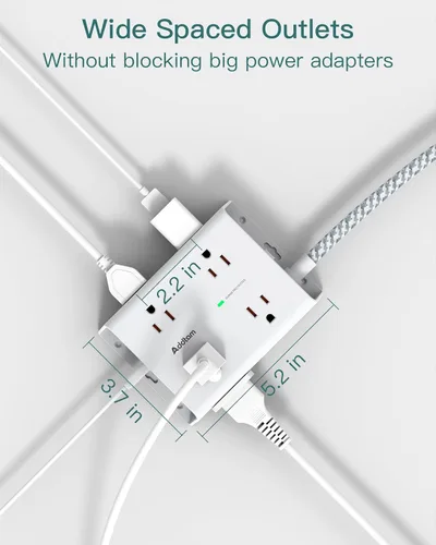 Vista 7 de Regleta protectora de sobretensiones, 8 tomas amplias con 4 puertos USB (1 toma USB C) y 3 salidas con 3 puertos USB, cable de extensión de enchufe