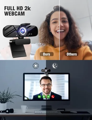 Vista 2 de Tewiky Cámara web Full HD con micrófono integrado y trípode giratorio, video 2K y cámara gran angular, cubierta de privacidad, para PC de escritorio