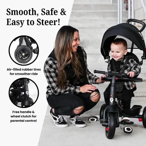 Vista 6 de QPlay Rito - Triciclo plegable de lujo premium para niños pequeños con puntos de contacto de cuero, cochecito de triciclo para niños pequeños