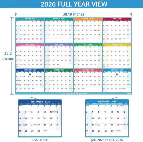 Vista 5 de Calendario anual de pared 2026, calendario anual grande 2026, enero 2026 - diciembre 2026, 25.2 x 38.2 pulgadas (abierto), calendario 2026