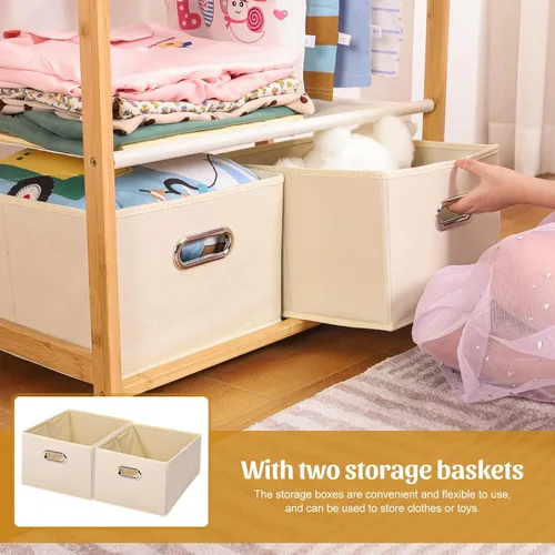 Vista 4 de Perchero de bambú para niños con 2 cestas de almacenamiento y 2 varillas ajustables para colgar, soporte para ropa infantil con estante, estantes