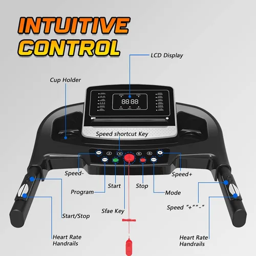 Vista 5 de Cinta de correr plegable para el hogar para entrenamiento en casa, pantalla LCD de 5 pulgadas, cubierta de correr absorbente de golpes, soporte