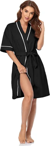 Vista 43 de COLORFULLEAF Bata de baño de manga corta para mujer, 100% algodón, longitud hasta la rodilla, con bolsillos