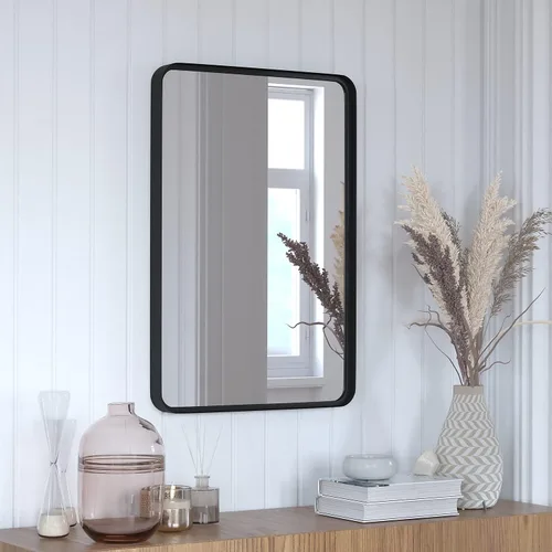 Vista 8 de Flash Furniture Janinne - Espejo rectangular de pared, espejo de acento negro mate, espejo de tocador de 20 x 30 pulgadas, para baño, tocador