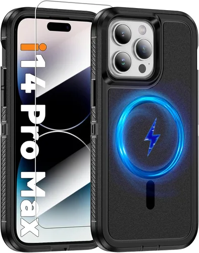Vista 23 de Funda magnética para iPhone 13/iPhone 14 [compatible con Magsafe] [protector de pantalla de vidrio] [protección de grado militar de doble capa]