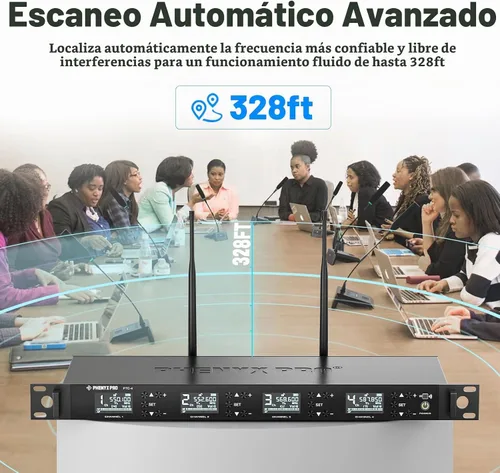 Vista 2 de Phenyx Pro Sistema de Micrófono Inalámbrico para Conferencia, Micrófono de Pódium Inalámbrico de Cuatro Canales, 4x50 Frecuencias UHF, Auto Scan, 4