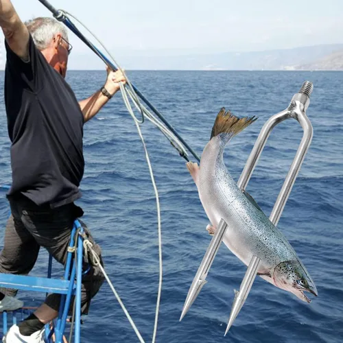 Vista 4 de 4 lanza de pesca de acero inoxidable con 2 puntas, gancho roscado de 0.315 pulgadas para aparejos de pesca al aire libre