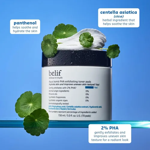 Vista 4 de belif PHA - Almohadillas de tóner 2% – Esmalte facial exfoliante suave para el cuidado de los poros, hidratante y calmante con pantenol y cica