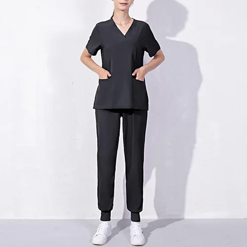 Vista 2 de Conjunto de uniforme médico para mujer, elástico en 4 direcciones, bolsillos ligeros, cuello en V, conjunto de uniforme médico con cordón elástico