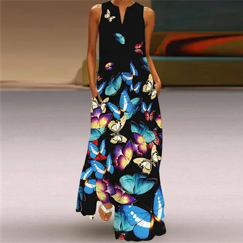 Vista 4 de Womens Dresses with Sleeves V-Neck Half Button Floral Printing Snug Hide Belly Flowy Cool Mid Length Dress with Pockets