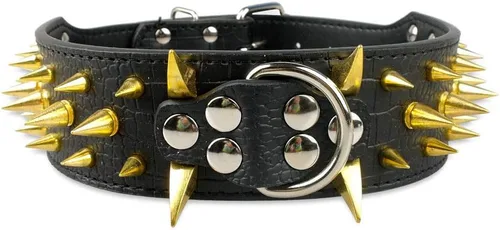 Vista 10 de Collar de perro con remaches de puyas afiladas 2 pulgadas de ancho, collares de cuero con estilo para perros medianos y grandes, Pitbull, Labrador