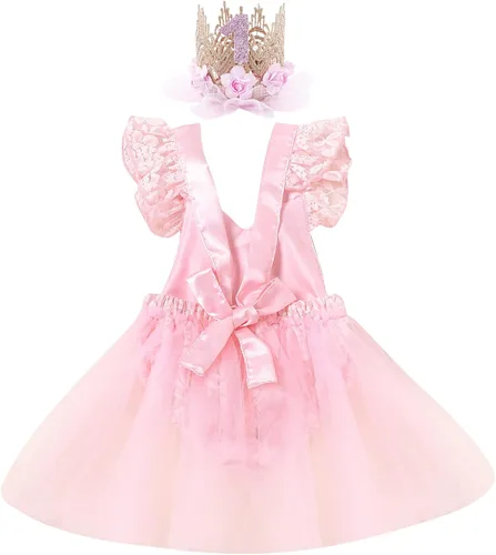 Vista 2 de Traje de primer cumpleaños para niña con volantes manga corta encaje floral vestido de tul diadema de corona sesión de fotos