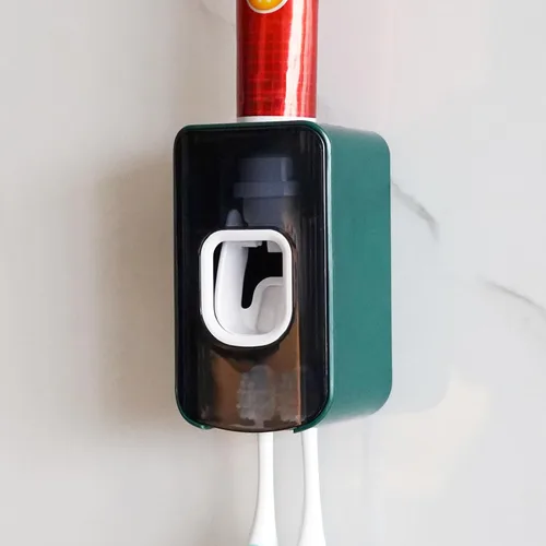 Vista 26 de Soporte de plástico para cepillos de dientes de 2 ranuras y dispensador de pasta de dientes montado en la pared, exprimidor automático de pasta