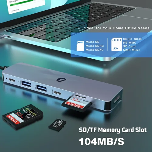 Vista 3 de Hub USB C, adaptador de concentrador oditton 7 en 1, salida HDMI, entrega de energía de 100 W, USB C 3.0, puertos USB 3.0 duales, lector de tarjetas