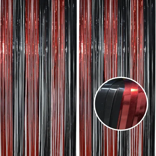 Vista 45 de Cortina de flecos de papel de aluminio para decoración de fiesta de Halloween, telón de fondo de fotos de oropel negro puro, cortinas de vapor
