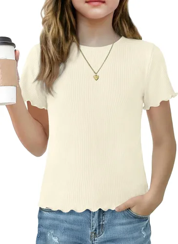 Vista 20 de Arshiner Camisas de manga corta con ribete de lechuga para niñas, camisetas de verano acanaladas con cuello redondo Blanco