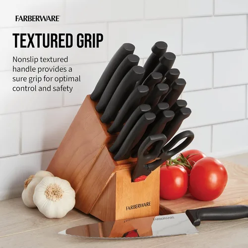 Vista 5 de Farberware Never Needs Sharpening - Juego de bloques de cuchillos de acero inoxidable de alto carbono con asas antideslizantes, 18 piezas